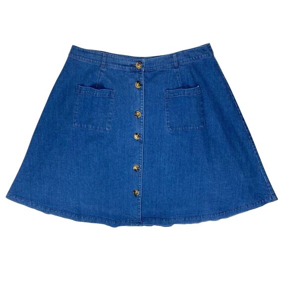 ModCloth Denim Skirt Women 22 Blue Button Front Classic Western Flare Midi Skirt - Picture 2 of 12